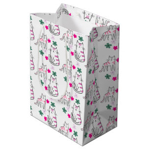 Sacola Para Presentes Média Gatos e flores em branco