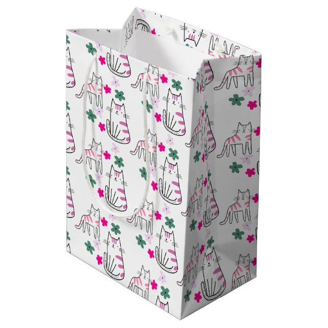 Sacola Para Presentes Média Gatos e flores em branco (Verso inclinado)