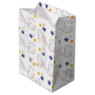 Sacola Para Presentes Média Gatos e flores em branco