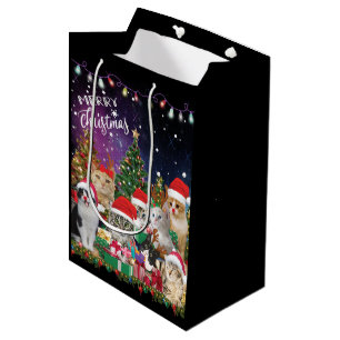 Sacola Para Presentes Média Gatos Feliz Luz de Natal