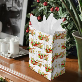 Sacola Para Presentes Média Gatos Festivos Férias Douradas Estrelas de Natal