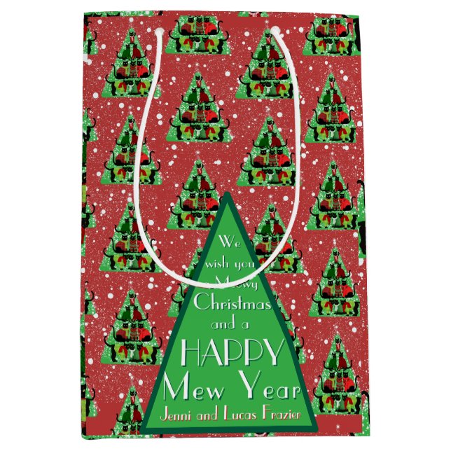 Sacola Para Presentes Média Gatos Pretos Cachorros Cachorros em Suéteres Verme (Frente)