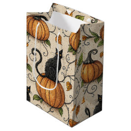 Sacola Para Presentes Média Gatos Pretos e Abóboras Padrão de Halloween