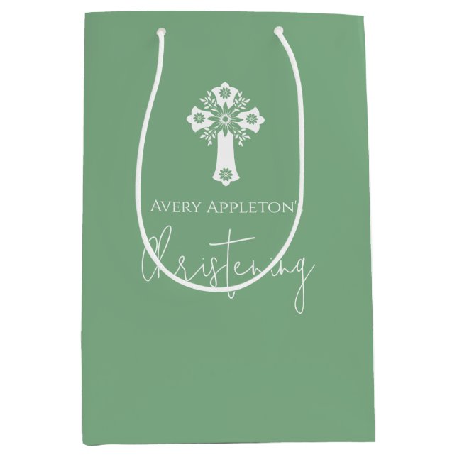 Sacola Para Presentes Média Gift Bag Floral Cross Christening Sage Green (Frente)