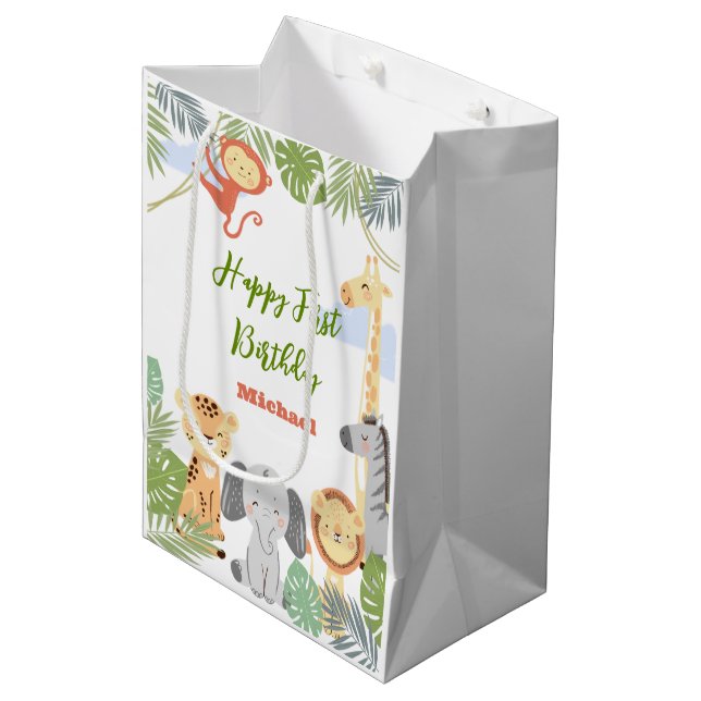 Sacola Para Presentes Média Gift Bag para o primeiro aniversário com animais b (Frente inclinada)