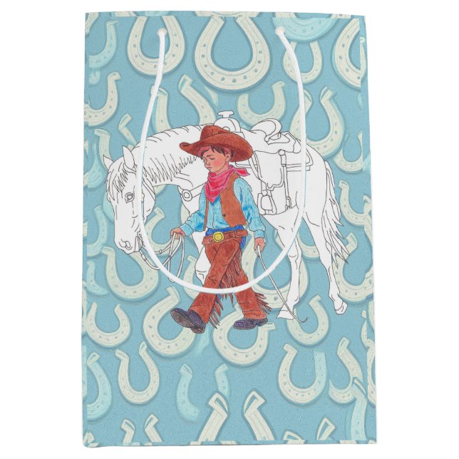 Sacola Para Presentes Média Gift Bag Young Cowboy and Horse (Frente)