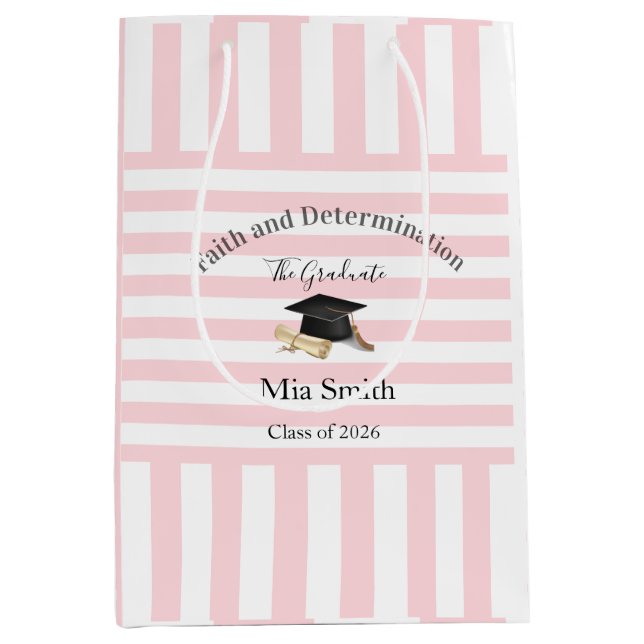 Sacola Para Presentes Média Gift Bags Pink White Stripe Graduation 2026 (Frente)