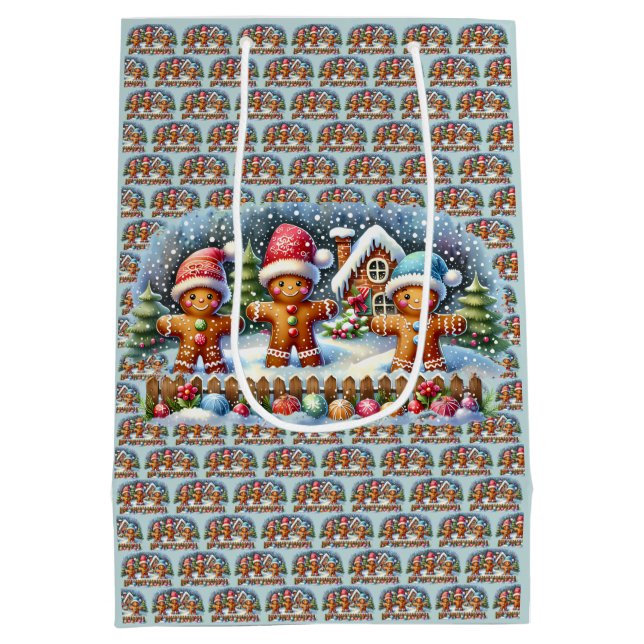Sacola Para Presentes Média Gingerbread Family Snowy Christmas Scene (Verso)