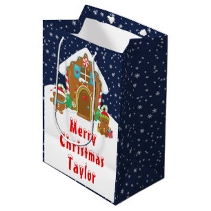 Sacola Para Presentes Média Gingercake House Marinho e Red Merry Christmas