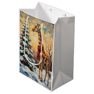 Sacola Para Presentes Média Girafa de Natal Vintage na Savana Nevada