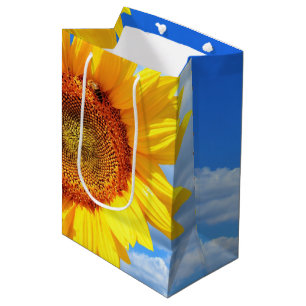 Sacola Para Presentes Média Girassol Amarelo e Abelhas no Blue Sky Gift Bag