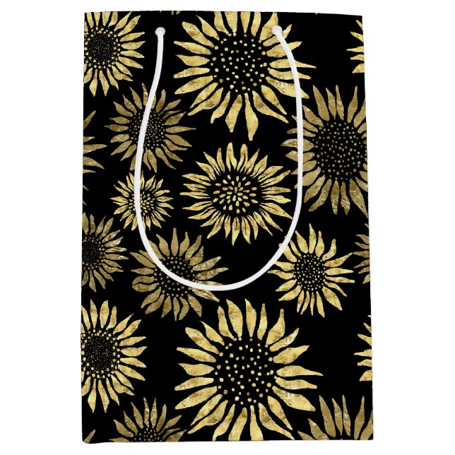 Sacola Para Presentes Média Girassol Floral Dourado Preto (Frente)