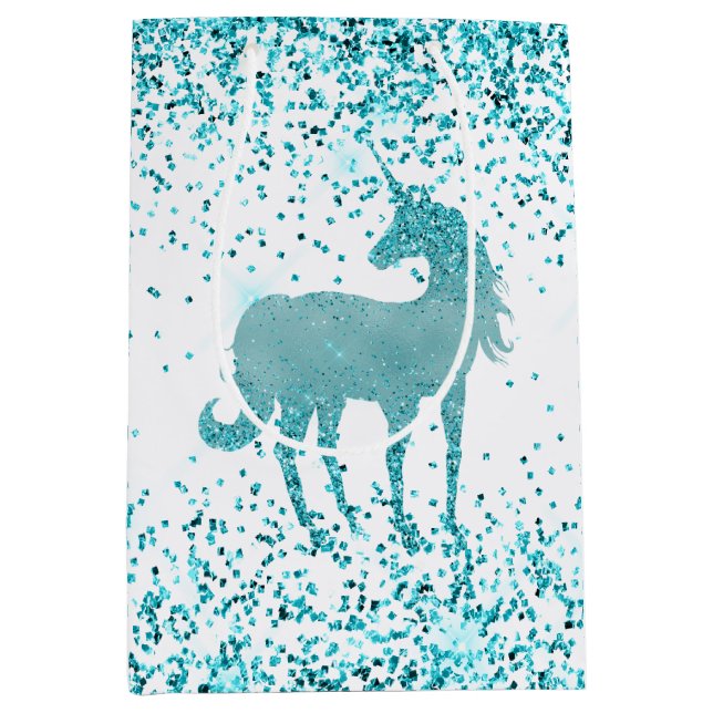 Sacola Para Presentes Média Girly Glitz Aqua Turquoise Glitter Unicorn (Frente)