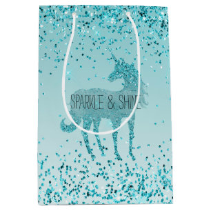 Sacola Para Presentes Média Girly Glitz Aqua Turquoise Glitter Unicorn