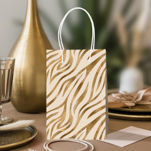 Sacola Para Presentes Média Glam Zebra Stripes Padrão Safari Dourado ID1151