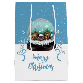 Sacola Para Presentes Média Glass Snowball Winter Village Blue Merry Christmas