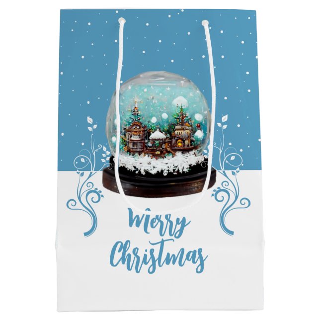 Sacola Para Presentes Média Glass Snowball Winter Village Blue Merry Christmas (Verso)