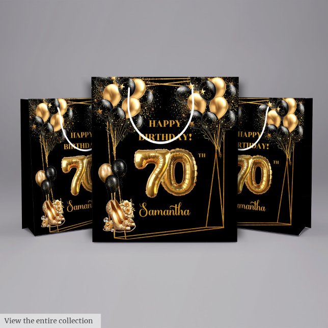 Sacola Para Presentes Média Glitter Confetti 70 Birthday Personalizado (Glitter Confetti 70th Birthday Personalized Medium Gift Bag)