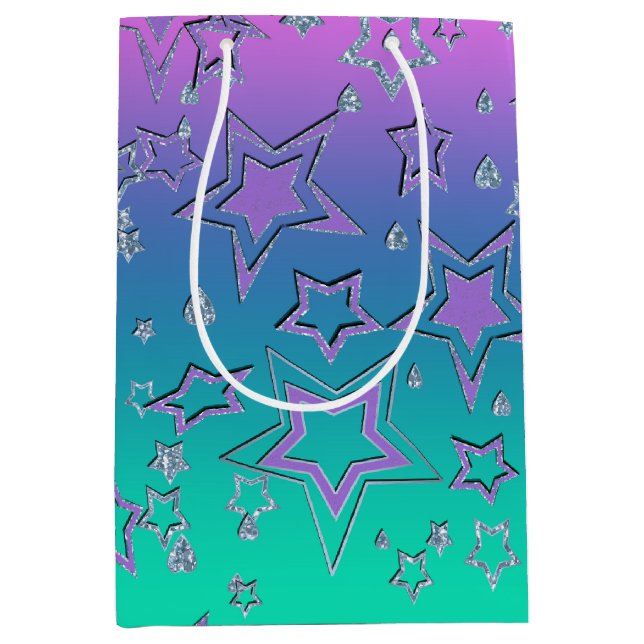 Sacola Para Presentes Média Glitter de gradiente natalício brilhando estrelas  (Frente)