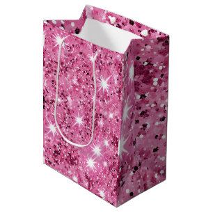 Sacola Para Presentes Média Glitter de Sequência de Estrelas Rosa Quente
