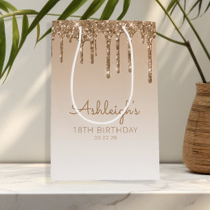 Sacola Para Presentes Média Glitter Drip 18º Aniversário Dourado