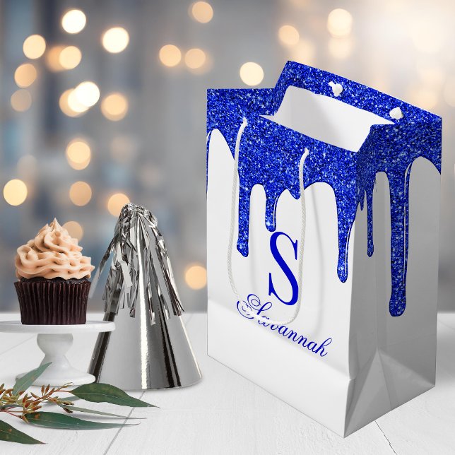 Sacola Para Presentes Média Glitter Real Azul Chic Coloca Monograma (Chic Royal Blue Glitter Drips Sparkle Monogram Medium Gift Bag)