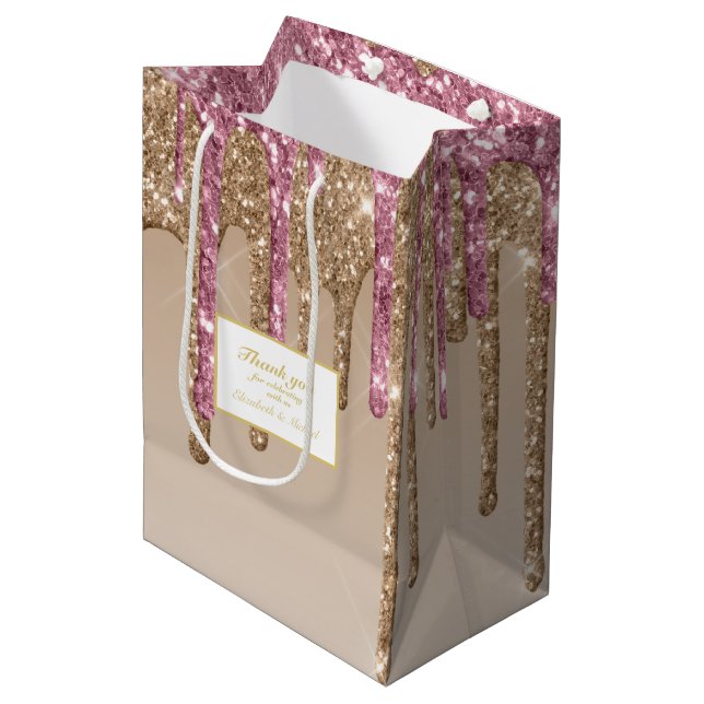 Sacola Para Presentes Média Glitter Rosa Rosa Dourada Garotas Rosa, Obrigado (Frente inclinada)