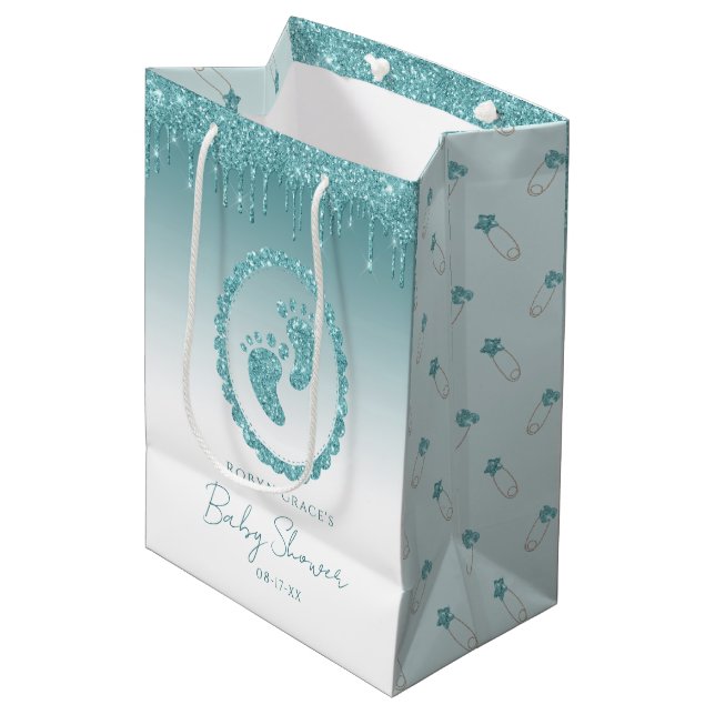Sacola Para Presentes Média Glitter Teal Drives Bebê Pés-Presente Bag Personal (Frente inclinada)