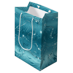 Sacola Para Presentes Média Glitzy Azul Água Turquesa Brilho Aniversário