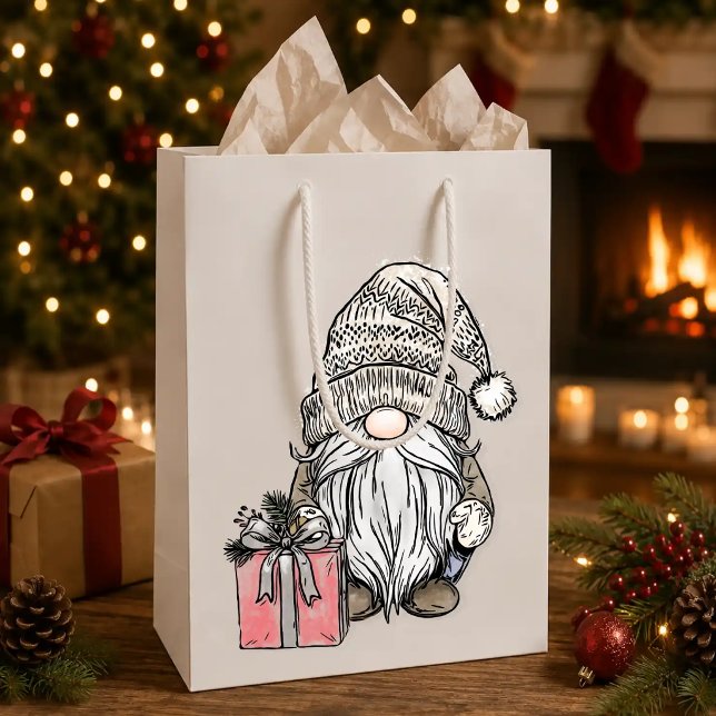Sacola Para Presentes Média Gnomo de Natal com Presente (Criador carregado)