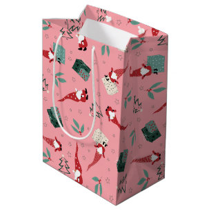 Sacola Para Presentes Média Gnomos com árvores de Natal e presentes a rosa