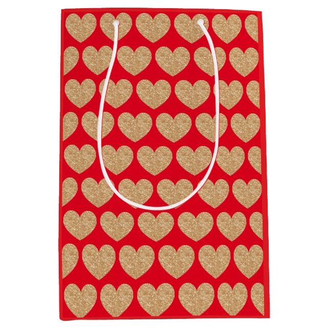 Sacola Para Presentes Média Gold Hearts On Red Background (Frente)