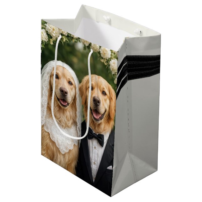 Sacola Para Presentes Média Golden Retriever Bride and Groom Portrait (Frente inclinada)