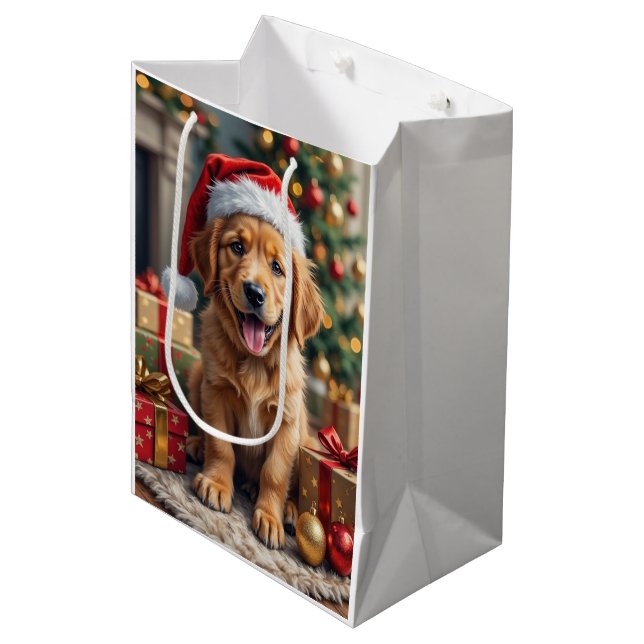 Sacola Para Presentes Média Golden Retriever Puppy's First Christmas Festive (Frente inclinada)