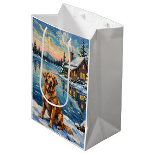 Sacola Para Presentes Média Golden Retriever Vintage à Beira do Lago no Natal