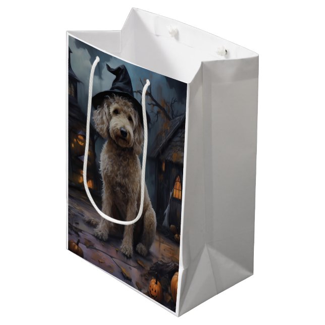Sacola Para Presentes Média Goldendoodle Pumpkins Halloween Assustado (Frente inclinada)