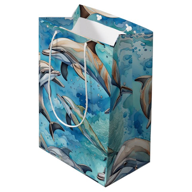 Sacola Para Presentes Média Golfinhos nadando no mar  (Verso inclinado)