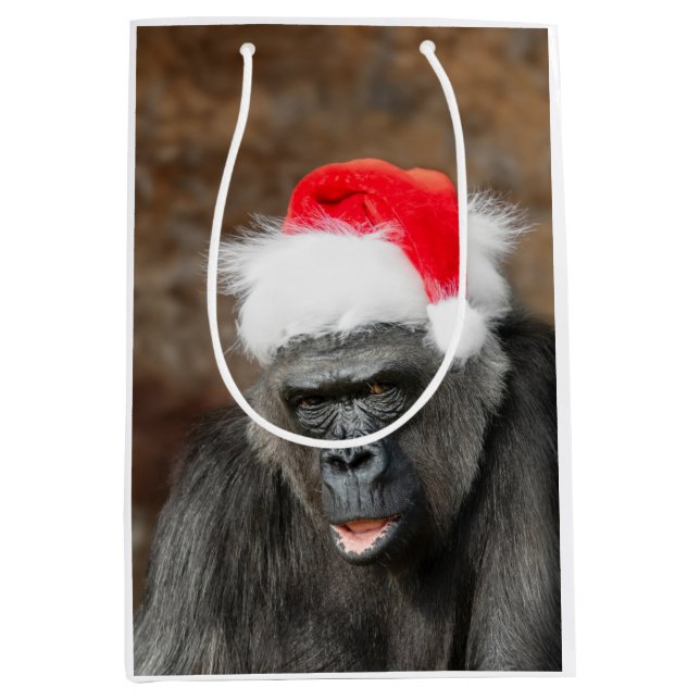 Sacola Para Presentes Média Gorilla Biddy em um Chapéu Festivo de Natal (Frente)