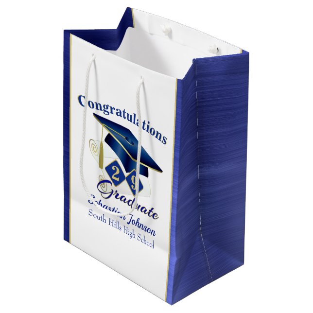Sacola Para Presentes Média Graduação Personalizada Azul e Dourado (Frente inclinada)