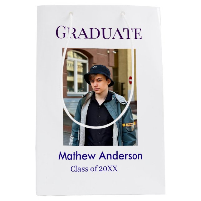 Sacola Para Presentes Média Graduation photo name class of 20XX blue simple bo (Frente)