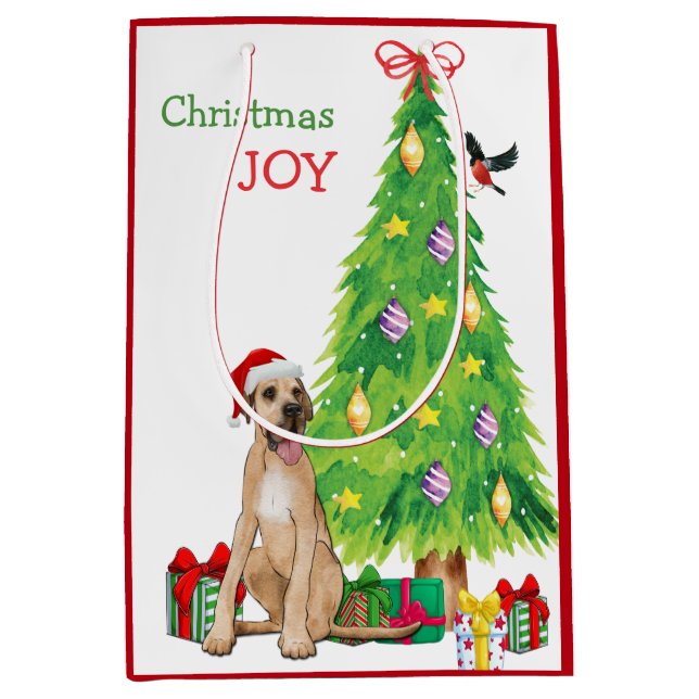 Sacola Para Presentes Média Grande Dane, Pássaro e Árvore de Natal (Frente)