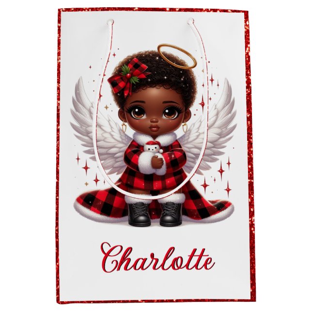 Sacola Para Presentes Média Grátis Afro Angel Little Girl Red & Black Natal (Frente)