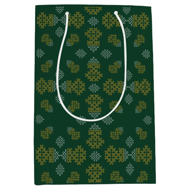 Sacola Para Presentes Média Green Minimal Tamil Kolam Pongal Design (Frente)