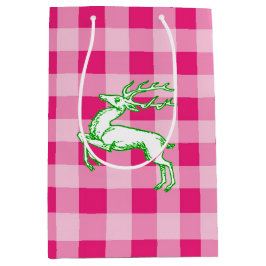 Sacola Para Presentes Média Green Reindeer Pink Gingham