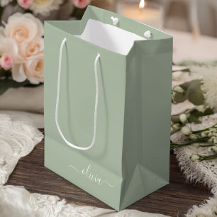 Sacola Para Presentes Média Green Sage Modern Script Girly Monographic Name