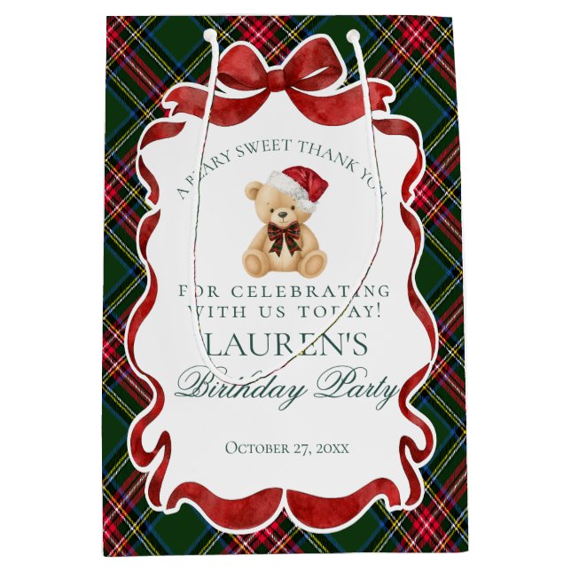Sacola Para Presentes Média Green Tartan Plaid Christmas Bear Birthday Favors (Frente)