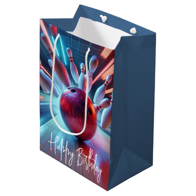 Sacola Para Presentes Média Greve de Bola de boliche Vermelha de Aniversário (Frente inclinada)