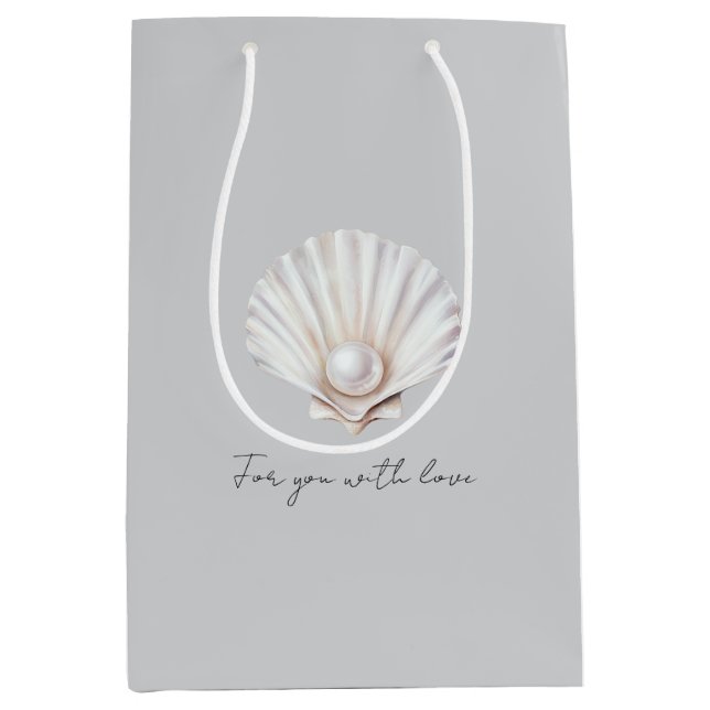Sacola Para Presentes Média Grey Shell White Pearl Bridal Shower (Frente)