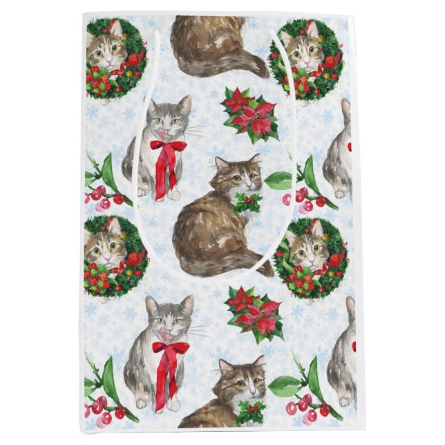 Sacola Para Presentes Média Grinalda de Gato Adorável (Frente)