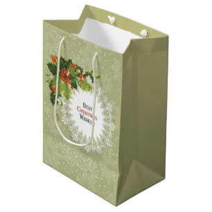 Sacola Para Presentes Média Grinalda do verde do Natal e bagas vermelhas